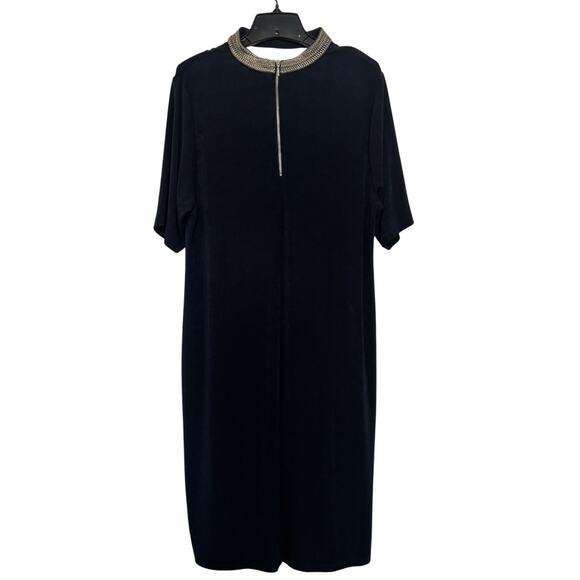 Chicos Travelers Navy Blue Gold Embroidered Midi Dress Sz 3 XL Slinky Stretch - Picture 2 of 7